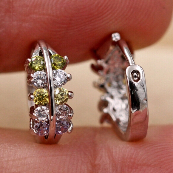 18kt White Gold Amethyst Emerald Topaz Hoops - Picture 2 of 5